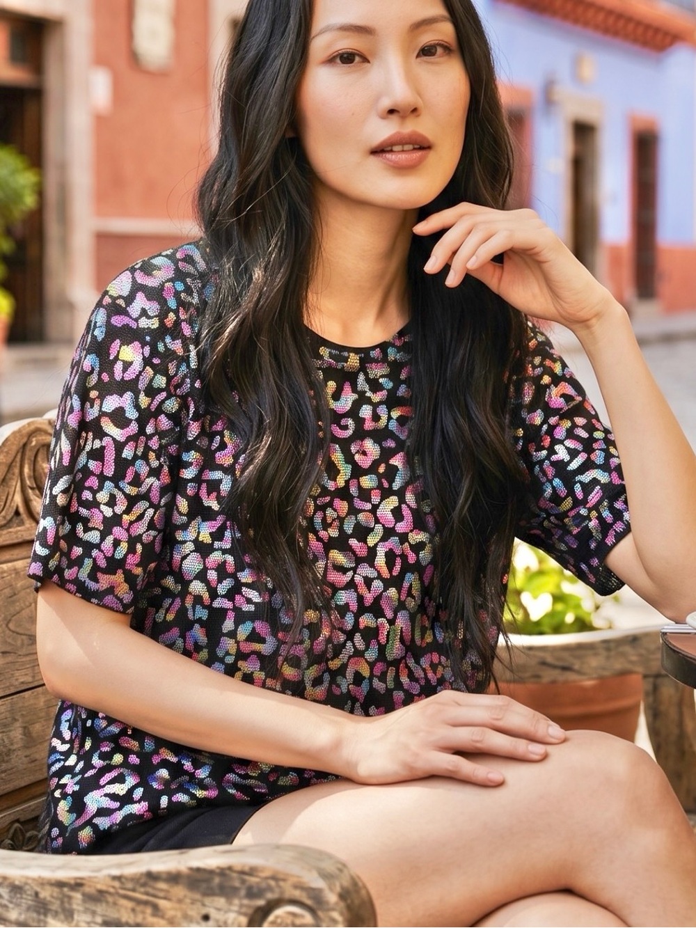 Black Multicolor Leopard-Print Short Sleeve Tee